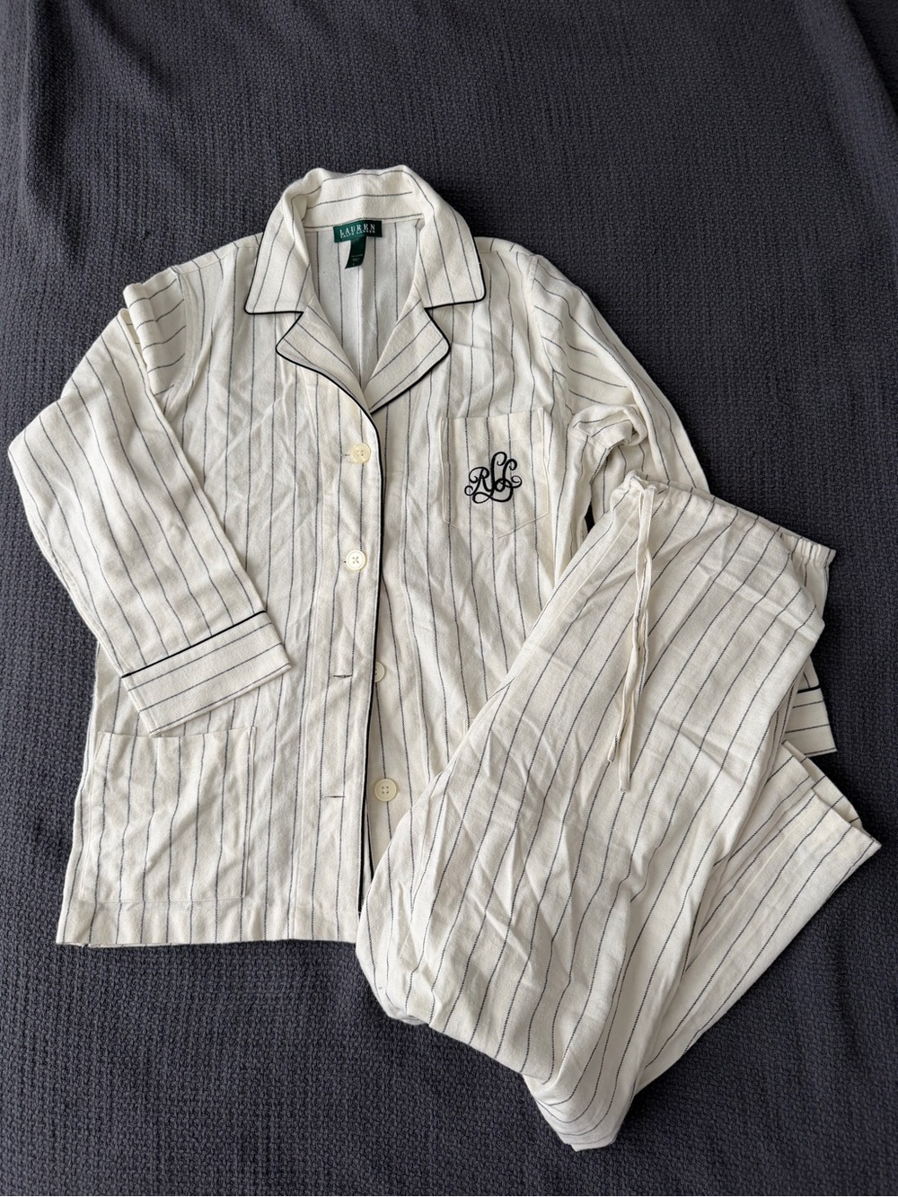 Lauren Ralph Lauren Stripe Flannel Pajama Set Women’s L White Black Cotton Logo